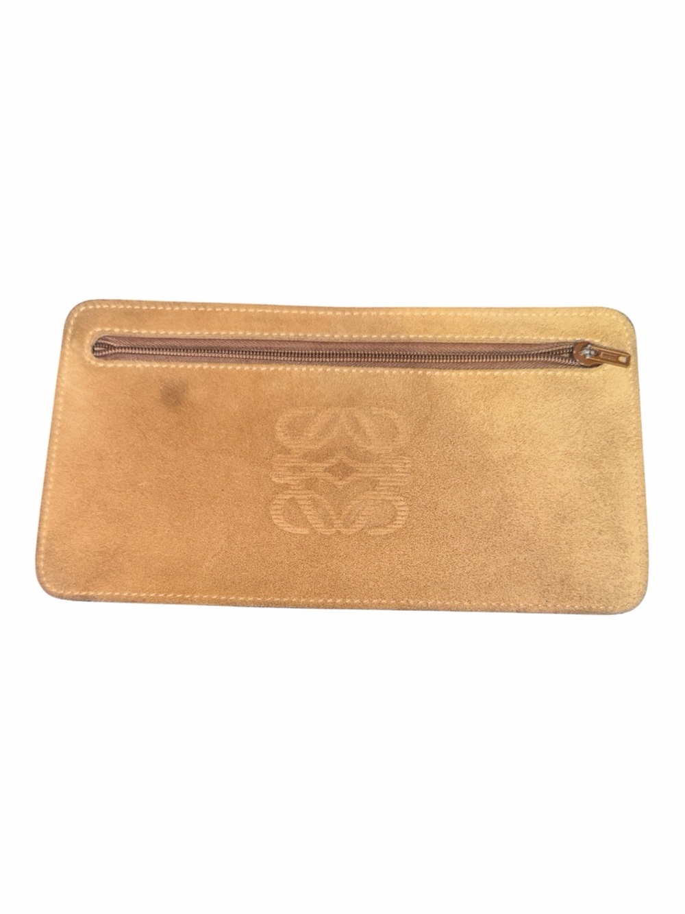 LOEWE Vintage Tan Suede Anagram Zip Flat Pouch Clutch Spain